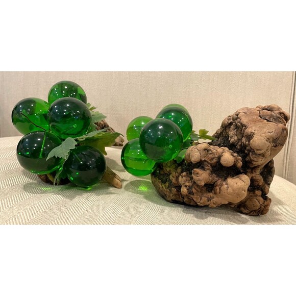 RARE Vintage Large Green Lucite Grape Cluster on Driftwood Burl Wood MCM Retro - Picture 8 of 11